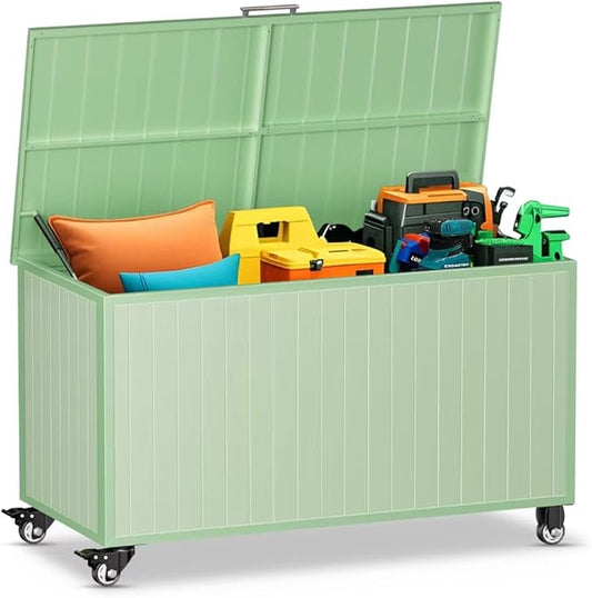 135 Gallon Outdoor Storage Box with Swivel Wheels, Waterproof Aluminum & Polylumber Deck Box, Patio Storage Box with Lid for Patio Furniture, Garden Tools, Outdoor Cushion