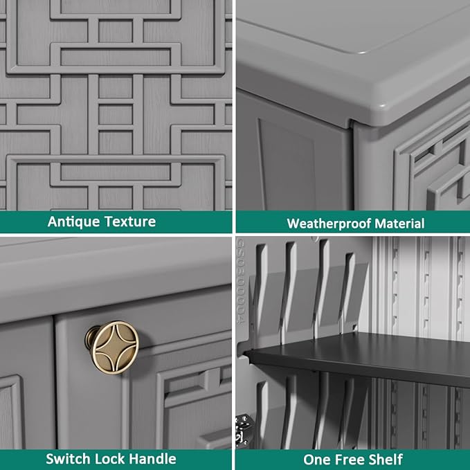 KINYING Outdoor Storage Cabinet Waterproof, Resin 60 Gallon Deck Box for Patio Furniture Cushions, Garden Tools, Pool Tools and Kids’ Toys (Grey with 1 Shelving)