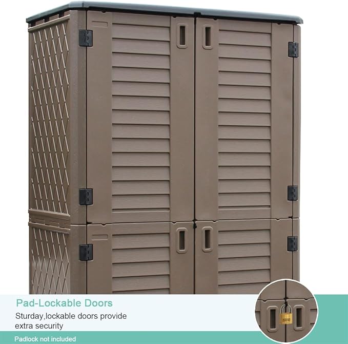 KINYING Outdoor Storage Shed Waterproof, Resin Vertical Outdoor Storage Cabinet for Patio Furniture, Garden Tools, Pool Accessories, Mower Storage (66 Cu.ft, Dark Brown)