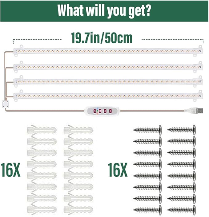 20 Inch Grow Light for Seed Starting for 1020 Trays Full Spectrum LED, Hydroponics Growing System Lights, Indoor Greenhouse Plant Lamp, 8/12/16H Timer & Dimmable Grow Lamp, 4 Pcs