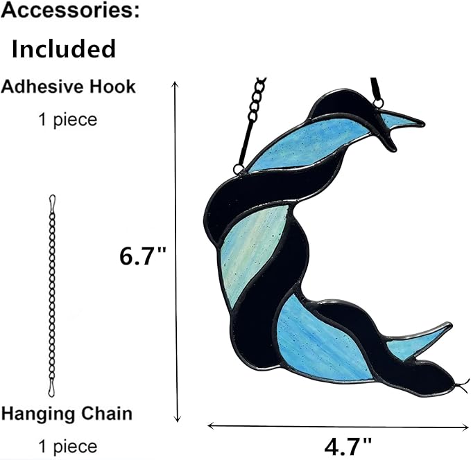 Stained Glass Black Snake on Moon Decor Window Hangings Ornament, Gothic Snake Suncatcher Halloween Decorations, Handmade Stained Glass Gifts Sun Catchers Indoor Window Home Decor.