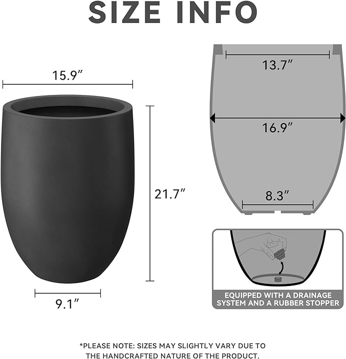 Kante 21.7" H Burnished Black Tall Planter, Large Outdoor Indoor Decorative Pot with Drainage Hole and Rubber Plug, Modern Round Taper Style for Home and Patio