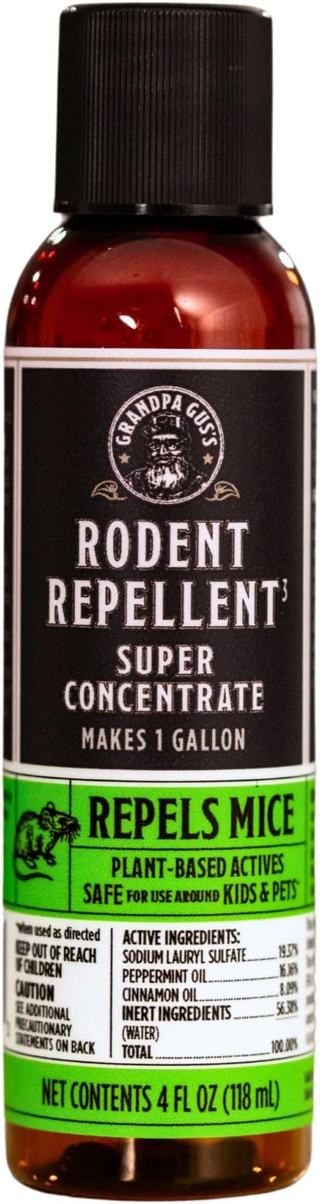 Grandpa Gus's Super Concentrate Rodent Repellent, 4 oz Makes 1 Gallon, Natural Peppermint Oil Spray, Humane Mice & Rats Control for Home & Garden, 4 oz