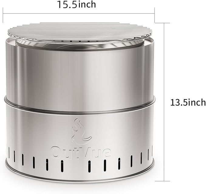 15.5 inch Stainless Steel Smokeless Fire Pit with Grill, Outdoor Smokeless Firepit, Wood Burning Fire Pits for Camping, Bonfire, Low Smoke Firepit for Outside (Vertical Hole)