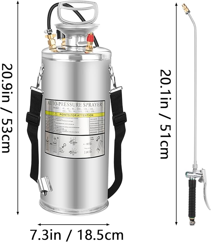 2 Gallon Stainless Steel Pump Sprayer - Hand Pump Sprayer with Pressure Gauge, Safety Valve&Adjustable Nozzle and Flat Nozzle, Garden Weed Sprayer with 20’’ Wand & 3FT Hose, Non-Corrosive Viton Seals