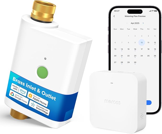 meross WiFi Water Timer for Garden Hose, Smart Hose Timer with Brass Inlet & Outet, WiFi Sprinkler Valve Work with Apple Homekit, Alexa & Google Assistant, Smart Rain Skip for Lawn, Garden & Yard