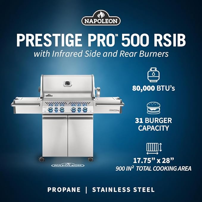 Napoleon PRO500RSIBPSS-3 Prestige PRO BBQ Propane Gas Grill, 500 sq.in. + Infrared Side and Rear Burners, Stainless Steel