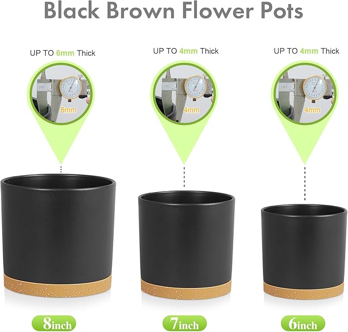 8/7/6 inch Flower Pots, 3 Pack Cylinder Plant Pots for Outdoor Indoor Plants, Decorative Plastic Planters with Drainage Holes and Saucers for Garden House Plants, Black with Brown