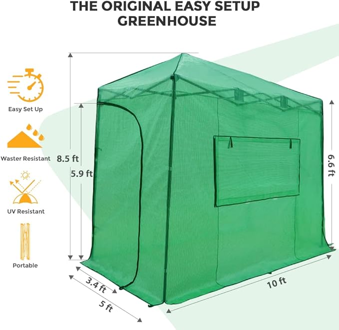 EAGLE PEAK Instant Pop-up Greenhouse, Indoor Outdoor Plant Gardening Green House, Roll-Up Zipper Doors and Side Windows, Lean-to 10x5 ft, PE Cover, Green/Clear