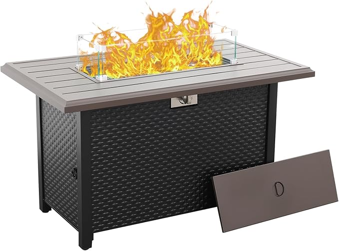 45 Inch Fire Table for Outside 60000 BTU Steel Gas Fire Pit Outdoor Fire Pit Table with Grille Tabletop Glass Wind Guard Fire Pit Cover and Blue Crystal Beads