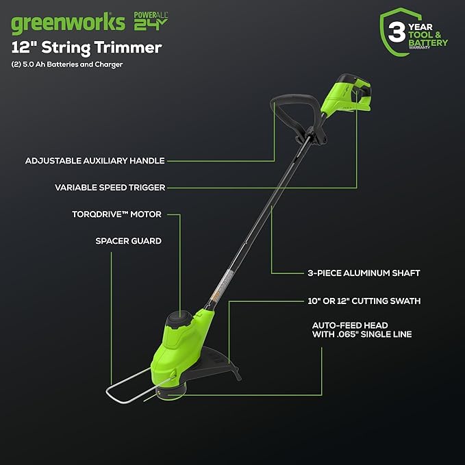 Greenworks 48V (2x24V) Cordless Yard Tool Combo - 21" Self - Propelled Mower, 12" Trimmer, Blower, 24V Multi - Tool + 3 Batteries & 2 Chargers
