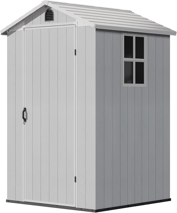Patiowell 4' x 4' Outdoor Storage Shed with Floor, Plastic Shed Outside Resin Tool Shed with Window and Lockable Door for Backyard Garden Patio Lawn, Light Grey (Fit-it Shed)