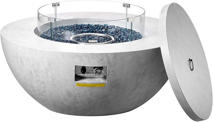 VEVOR Propane Fire Pit, Outdoor Concrete Gas Fire Pit, 39 in Tabletop with Lava Rocks, Lid,Rain Cover,Adjust Flame Height Camping Firepit for Heating, Lighting, 50000 BTU