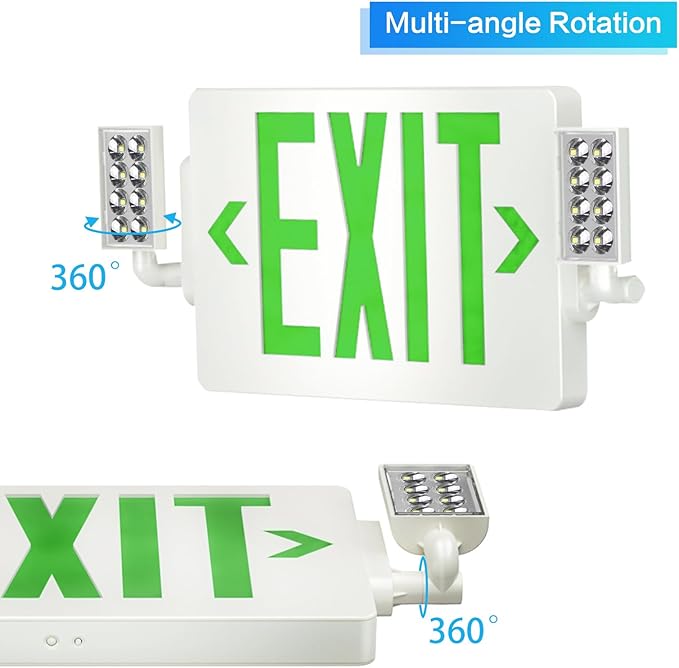 Spectsun 1 Pack Exit Signs with Emergency Lights,120-277VAC -LED Combo Emergency Light with Backup Battery-Double Face UL Listed Green Letter Exit Sign Lighting-Hard Wired-Fire Resistant
