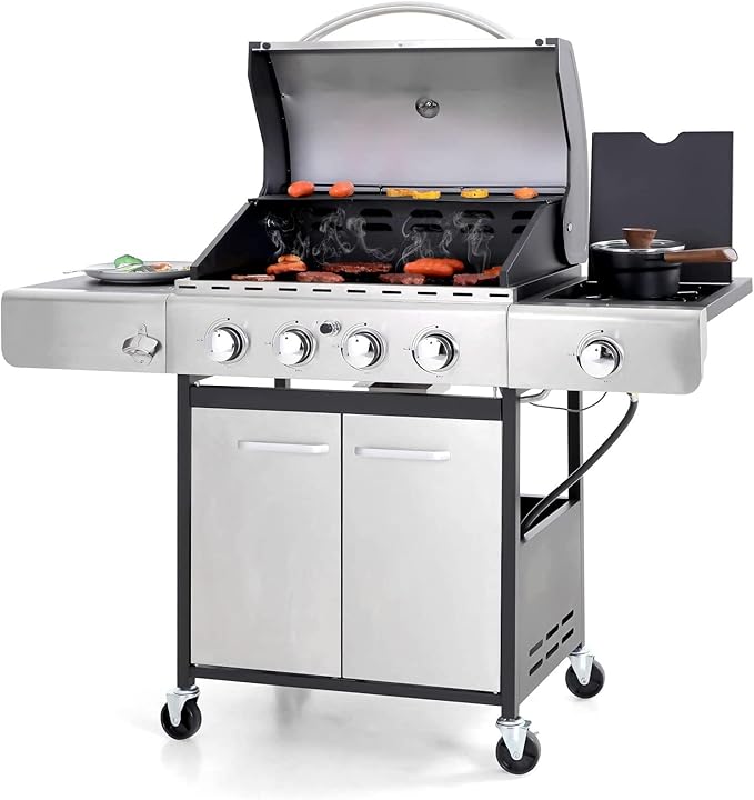 Sophia & William 4-Burner Propane Gas BBQ Grill with Side Burner and Porcelain-Enameled Cast Iron Grates, Stainless Steel Barbecue Grills Outdoor Cooking, Silver Cabinet Style, 42,000BTU
