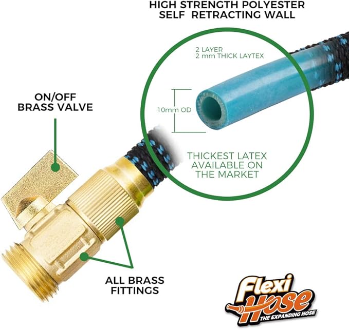 Flexi Hose with 8 Function Nozzle, 150FT - Lightweight Expandable Garden Hose, No-Kink Flexibility, 3/4 Inch Solid Brass Fittings and Double Latex Core