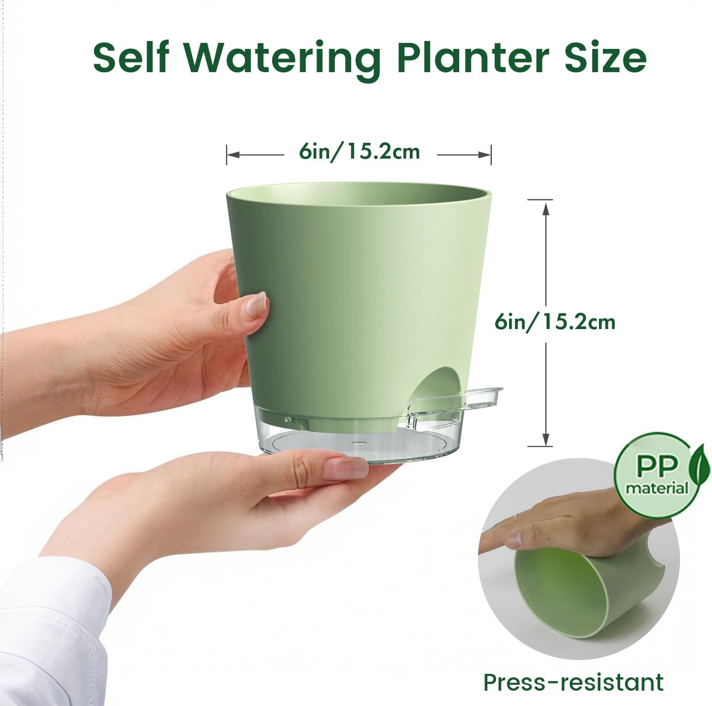 6 inch Self Watering Pots for Indoor Outdoor Plants, 3 Pack Flower Plant Pots with Drainage Holes and Clear Reservoirs, Visible Water Level, Plastic Planters with Wicking Rope, Green