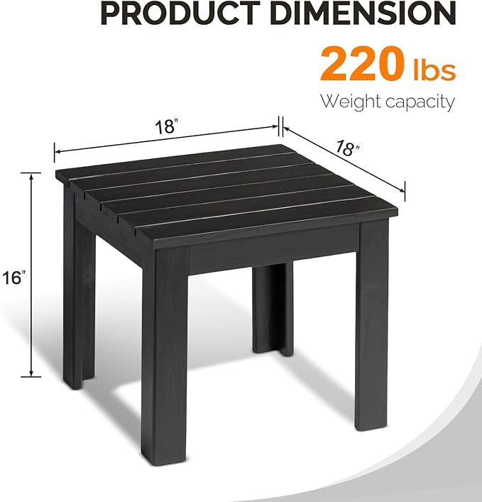 VINGLI Outdoor Adirondack Side Table, 18" Square Thick Wooden Coffee Table, Patio Side Table Conversation End Table for Patio Backyard, Garden, Poolside and Balcony (Black)