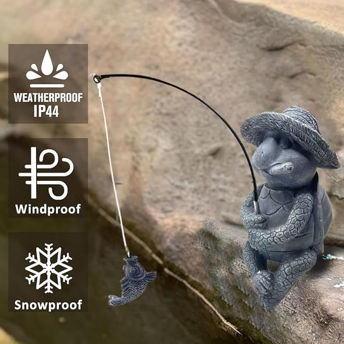 Tortoise Fishing Statue Garden Decor，9.8" Weatherproof Resin Tortoise Fishing Sculpture Decor for Fish Ponds, Koi Ponds, Waterfalls, Poolside Outdoor Gardens Resin Figurine for Indoor Outdoor Décor