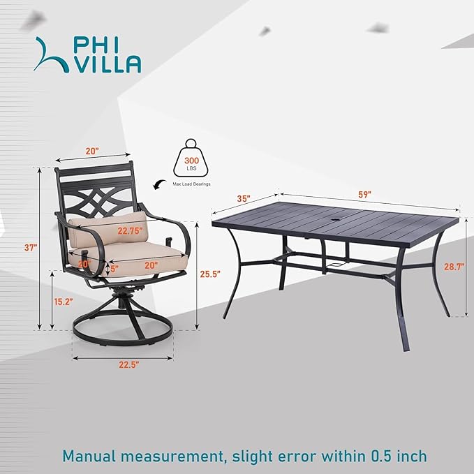 PHI VILLA 7 Pcs Patio Dining Sets,Outdoor Table Chair Set for 6 with Outdoor Swivel Chairs and Metal Frame Steel Rectangular Table,Outdoor Dining Furniture with Cushion and Pillow for Garden Lawn Deck