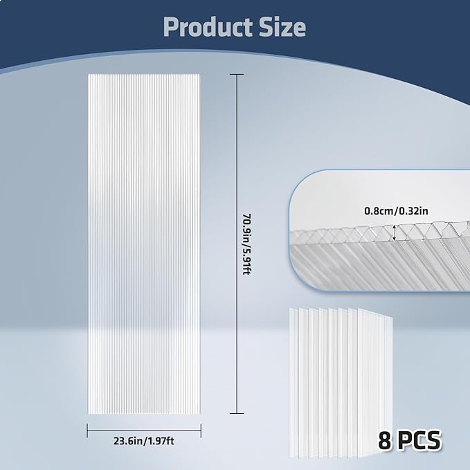 UMIG 8 PCS 6' x 2' x 0.32'' Polycarbonate Greenhouse Panels, Twin-Wall Waterproof UV Protected Corrugated Plastic Roof Panels Sheets, Clear Replacement Panels for Greenhouse, Outdoor, Plant