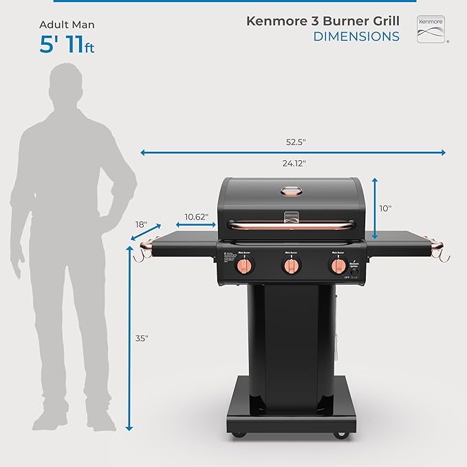 Kenmore 3-Burner Gas Grill | Foldable Side Tables, Cast Iron Cooking Grates, Warming Rack, Hooks for BBQ Grilling Tools, Propane Gas Barbecue Grill, 30,000 BTUs, Black with Copper Accent