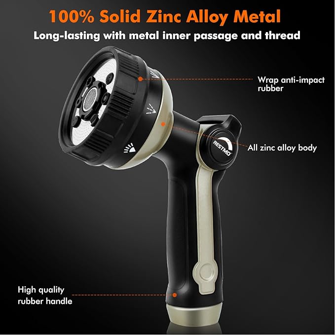 RESTMO Full Shower Hose Nozzle, Metal Spray Nozzle for Garden Hose, 8 Spray Patterns, Water Hose nozzle with Thumb Control, Ideal for Outdoor Lawn & Plant Watering, Car & Pet Washing, Bronze