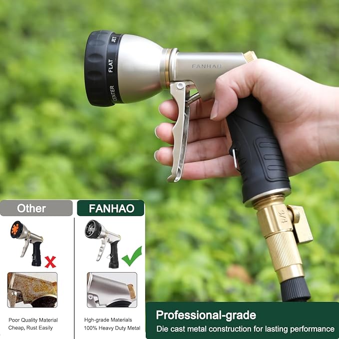 FANHAO Garden Hose Nozzle, 100% Heavy Duty Metal Water Hose Nozzle Sprayer with 7 Spray Patterns, High Pressure Hand Sprayer with Ergonomic Handle for Watering Plants & Lawns, Washing Cars & Pets
