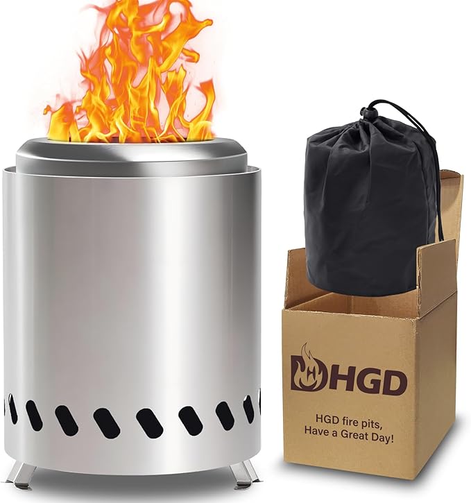 HGD 9.6 x 7.1 in Small Tabletop Fire Pit, Portable Mini Smokeless Table Top Firepit, Low Smoke Camping Stove for Outdoor & Patio, Fueled by Pellets or Wood, with Travel Bag, Stainless Steel, Silver