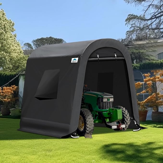 ADVANCE OUTDOOR 6x8 ft Shelter Storage Shed Steel Metal Round Peak Roof Portable Garage Carport for Motorcycle, Boat, or Garden Tools with 2 Roll up Doors & Vents, Gray