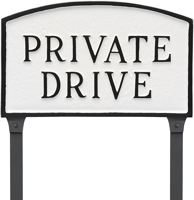 Montague Metal Products SP-12S-WB-LS Standard White and Black Private Drive Arch Statement Plaque with 2 23-Inch Lawn Stakes