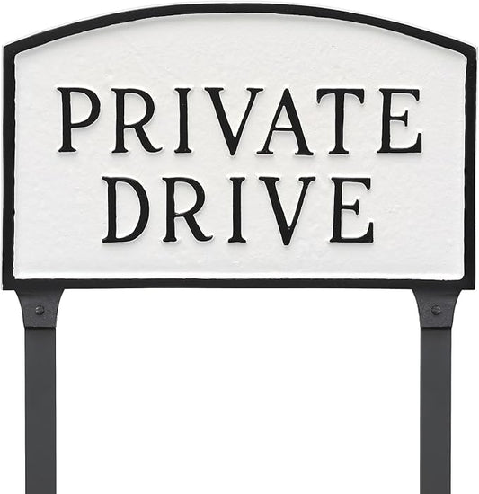 Montague Metal Products SP-12S-WB-LS Standard White and Black Private Drive Arch Statement Plaque with 2 23-Inch Lawn Stakes