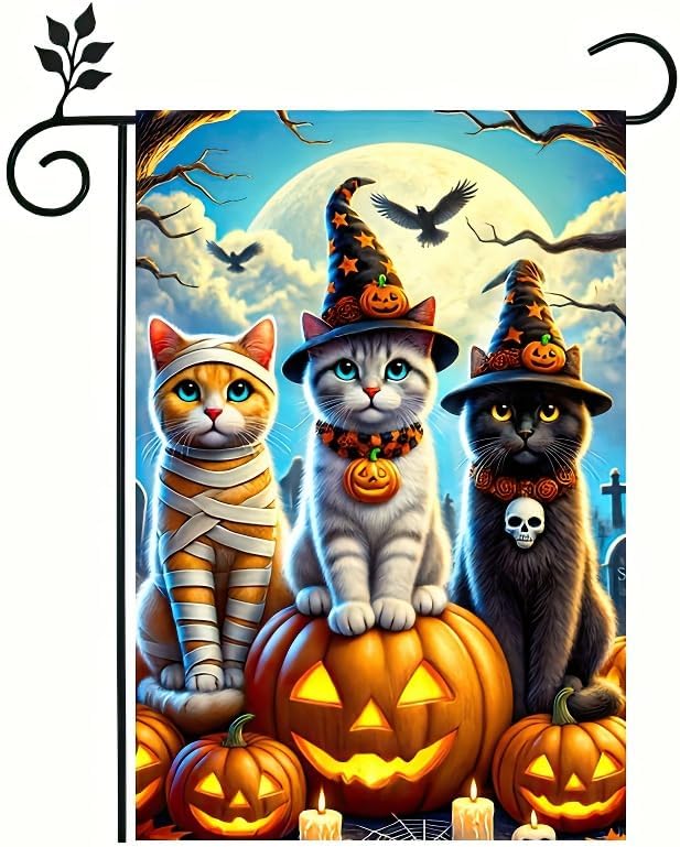 Halloween Garden Flag 12x18 Inch Double Sided Happy Halloween Cat Pumpkin Garden Flags Outdoor Seasonal Holiday Banner Outside Decorations Yard Flag