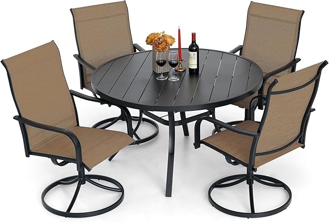 5-Piece Outdoor Dining Set, 48'' Round Table with 4 Swivel Chairs All Weather Furniture Set - Brown Style2