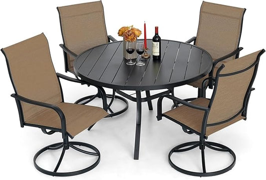 5-Piece Outdoor Dining Set, 48'' Round Table with 4 Swivel Chairs All Weather Furniture Set - Brown Style2