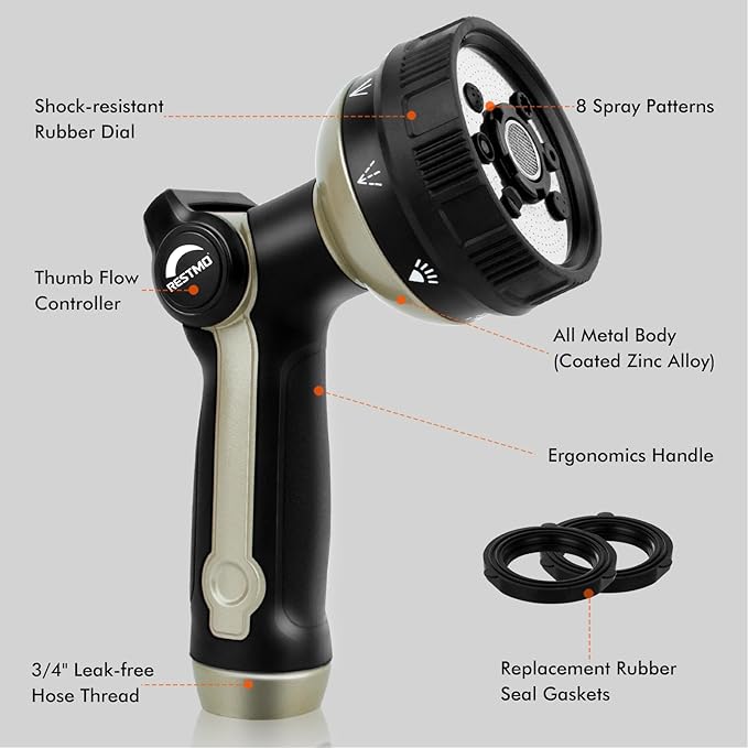RESTMO Full Shower Hose Nozzle, Metal Spray Nozzle for Garden Hose, 8 Spray Patterns, Water Hose nozzle with Thumb Control, Ideal for Outdoor Lawn & Plant Watering, Car & Pet Washing, Bronze