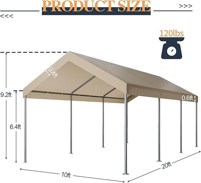 Shintenchi 10x20ft Heavy Duty Carport with UV Resistant Canopy, Powder-Coated Steel Frame, Easy to Assemble Portable Garage, Stable Carport for Car, Bike, Camp, Outdoor Storage (Khaki)