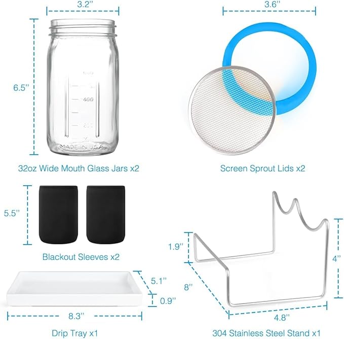 Organic Seed Sprouting Jar Kit – 2 × 32 oz Wide-Mouth Mason Jars with Stainless-Steel Sprouter Lids & Stand, Blackout Sleeves, Drain Tray – Grow Broccoli, Alfalfa & Bean Microgreens