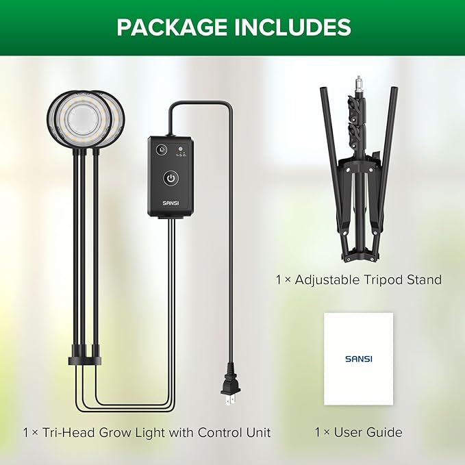 SANSI Grow Lights for Indoor Plants, Dimmable 30W Plant Lights for Indoor Growing, 3 Head 35"-65" Adjustable Tripod Stand Plant Grow Lights Indoor Auto On/Off Timer Led Grow Lights for Indoor Plants