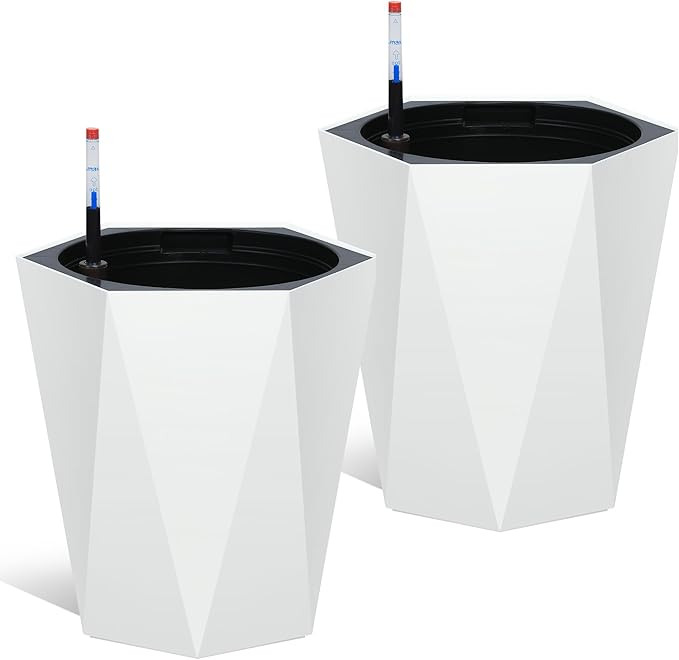 16 Inch Tall Outdoor Planters Set of 2, Self Watering Pots for Indoor Plants with Water Level Monitor & Drainage Hole & Wheels, Large Planter Pots for Garden, Patio, Balcony, White