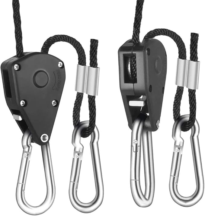 8 Pairs 1/8 Inch Adjustable Heavy Duty Ratchet Hanger Grow Light Fixtures Rope Clip Hangers Hanging Ropes for Gardening Grow Plant Fan Reflectors Filter Tent,150lbs Weight Capacity