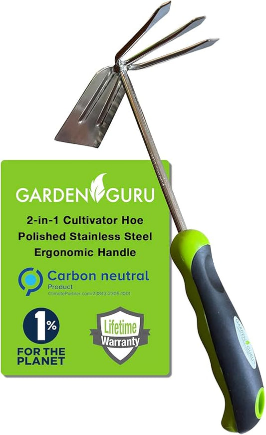 Garden Guru Hand Cultivator Rake Hoe Tiller Tool - Stainless Steel for Ultimate Strength - Rust Resistant - Ergonomic Handle - Great for Gardening Cultivating Loosening Weeding