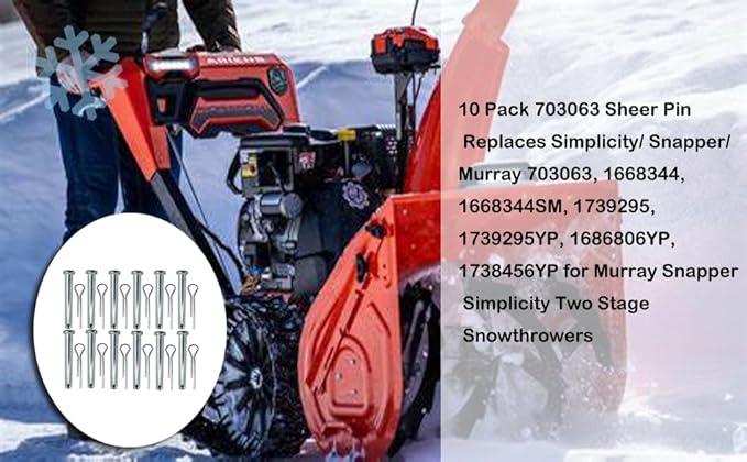 Replacement Snowthrowers Simplicity or Snapper Shear Pins for 703063, 1668344, 1686806yp 10 Pack