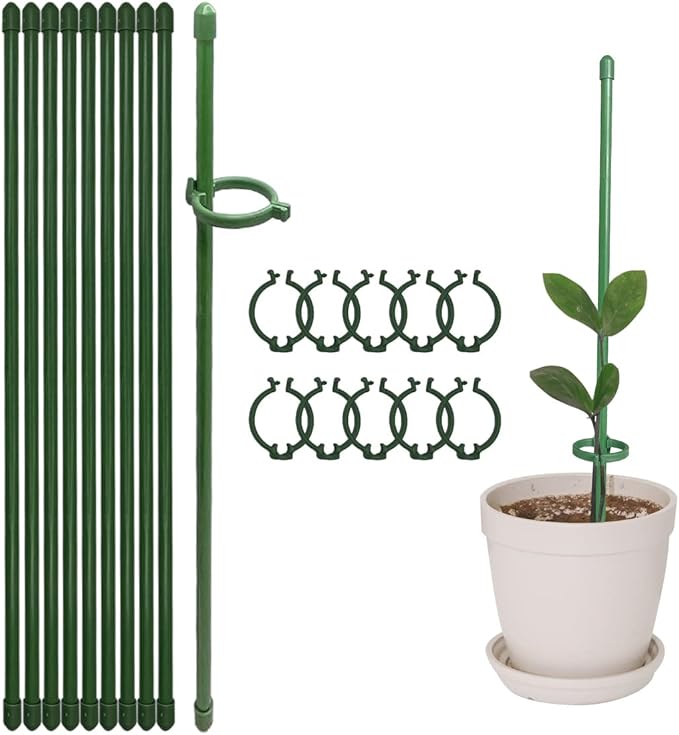 12 Inch Plant Support Stakes, with Adjustable Retaining Ring Green Plant Sticks Support Stakes for Indoor and Outdoor Plants,Flowers,Climbing(10Pcs)