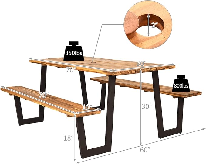 Giantex Picnic Table Bench Set with Umbrella Hole, Outdoor Dining Table Set, 70'' Acacia Wood Picnic Beer Table with Metal Frame Patented