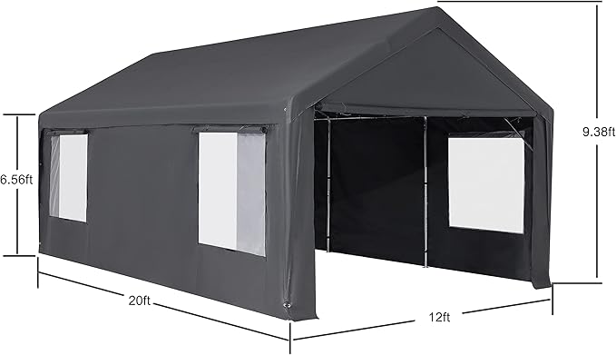 Carport 12'x 20' Portable Garage with Removable Door for Car, Truck, Boat, Car Canopy with All-Season Tarp, Grey