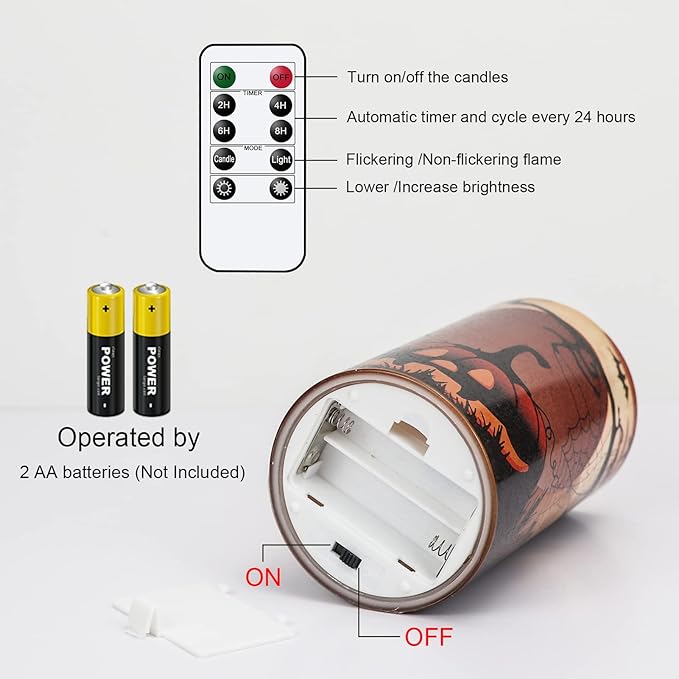 Eldnacele Halloween Flameless Candles with Remote Pumpkin, Spider Web Decal and Castle Decals Battery Operated Real Wax Flickering Glass Pillar Candle for Spooky Halloween Decor 3 Pack