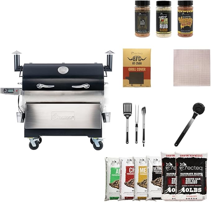 recteq RT-2500 BFG Pellet Smoker Grill, Wi-Fi-Enabled Outdoor Grills & Smokers, Electric Pellet Grill with 2500 Sq In Cook Space, RT-2500 BFG + Grilling Essentials Bundle