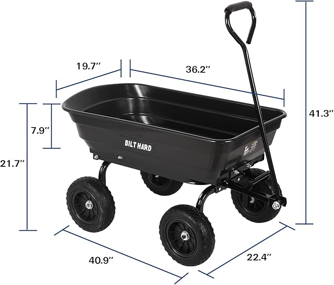 BILT HARD 4 Cu.Ft. 10" No-Flat Tires Poly Yard Dump Cart with 180° Rotating Handle, 600 lbs Capacity Heavy Duty Garden Carts and Wagons