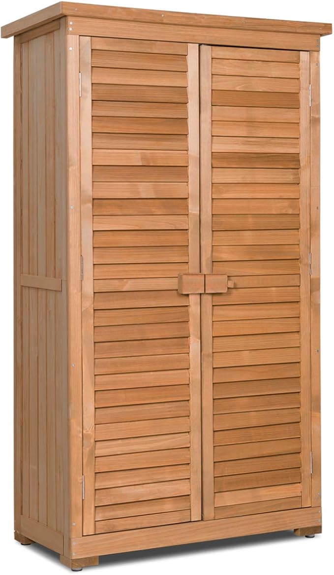 Goplus Outdoor Storage Cabinet, Wooden Storage Shed with Latch, Detachable Shelves & Weather Resistant Pitch Roof, Vertical Garden Tool Organizer for Outside Yard Patio Deck